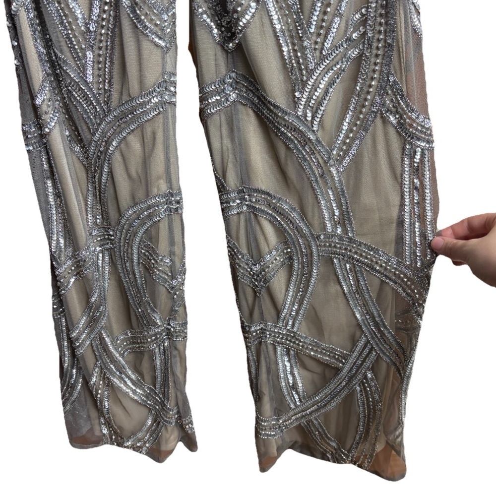 Ashley Lauren 1450 Sequin Jumpsuit Women’s Size 6 Silver & Beige Cut Out NWT - Picture 7 of 8